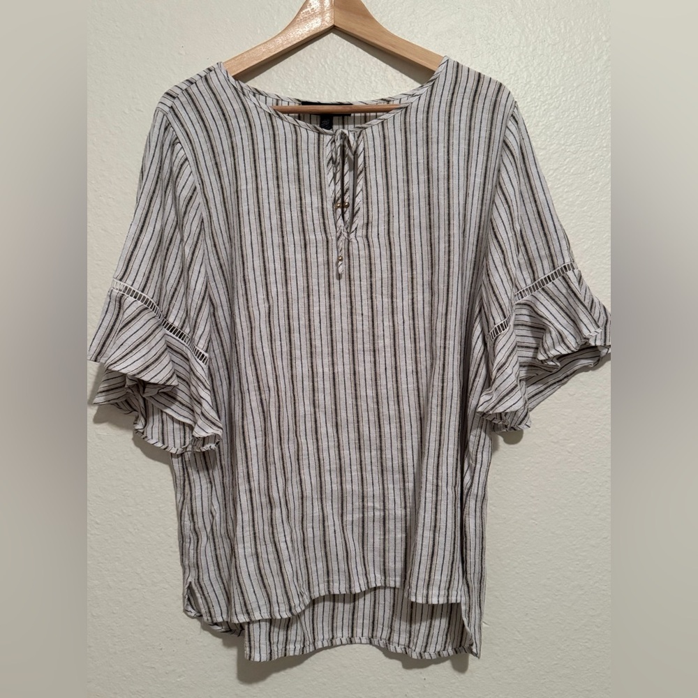 Striped Ruffle Sleeve Women's Top Ellen Tracy Linen/Viscose Size M